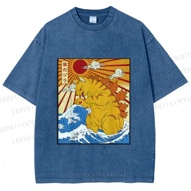 Unisex Japanese Cat Godzilla Catzilla Printed Washed Tee