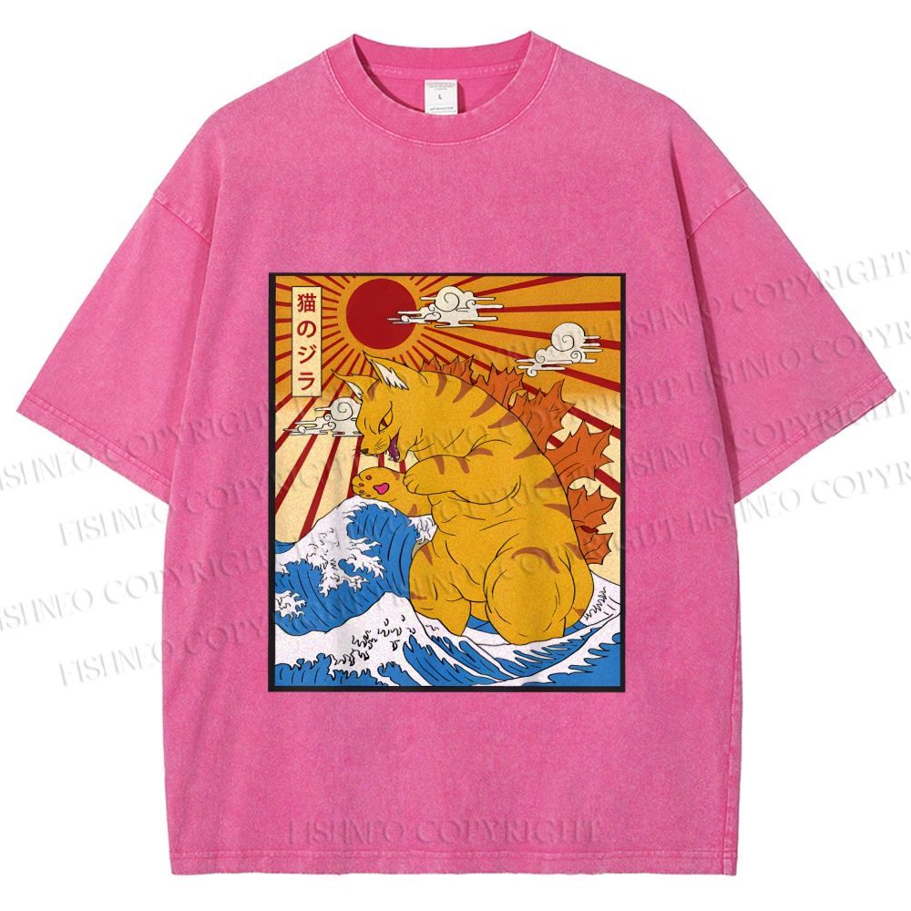 Unisex Japanese Cat Godzilla Catzilla Printed Washed Tee