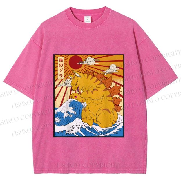 Unisex Japanese Cat Godzilla Catzilla Printed Washed Tee