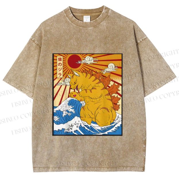 Unisex Japanese Cat Godzilla Catzilla Printed Washed Tee