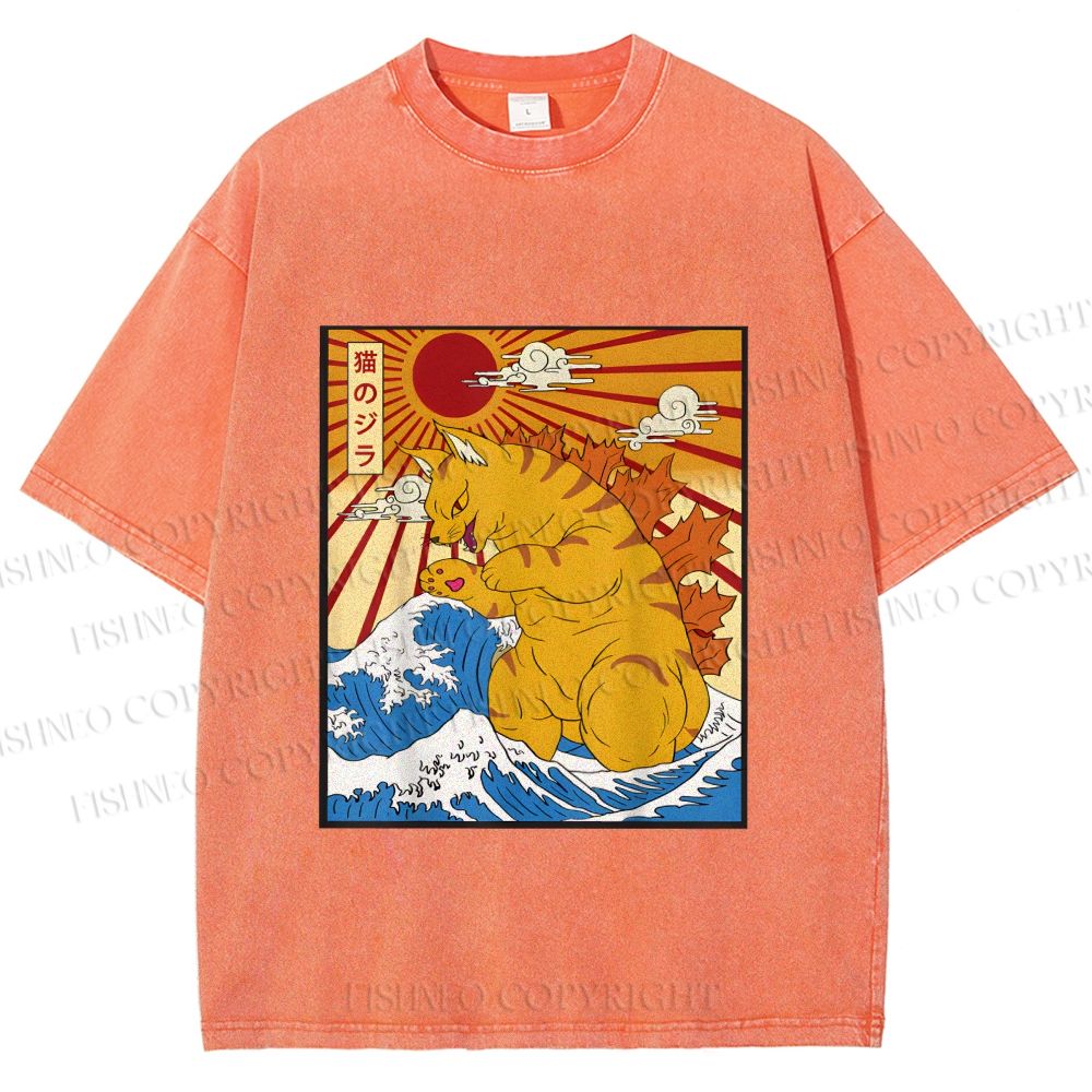 Unisex Japanese Cat Godzilla Catzilla Printed Washed Tee