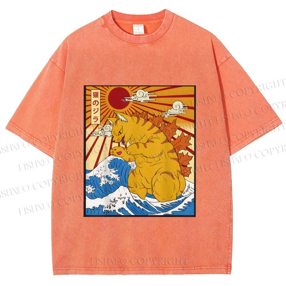 Unisex Japanese Cat Godzilla Catzilla Printed Washed Tee