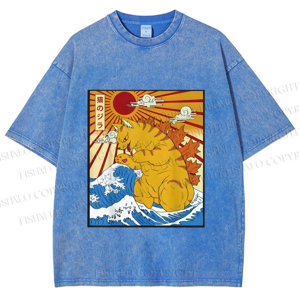 Unisex Japanese Cat Godzilla Catzilla Printed Washed Tee