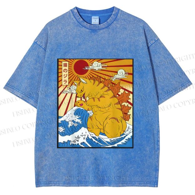 Unisex Japanese Cat Godzilla Catzilla Printed Washed Tee