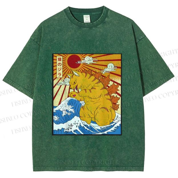 Unisex Japanese Cat Godzilla Catzilla Printed Washed Tee