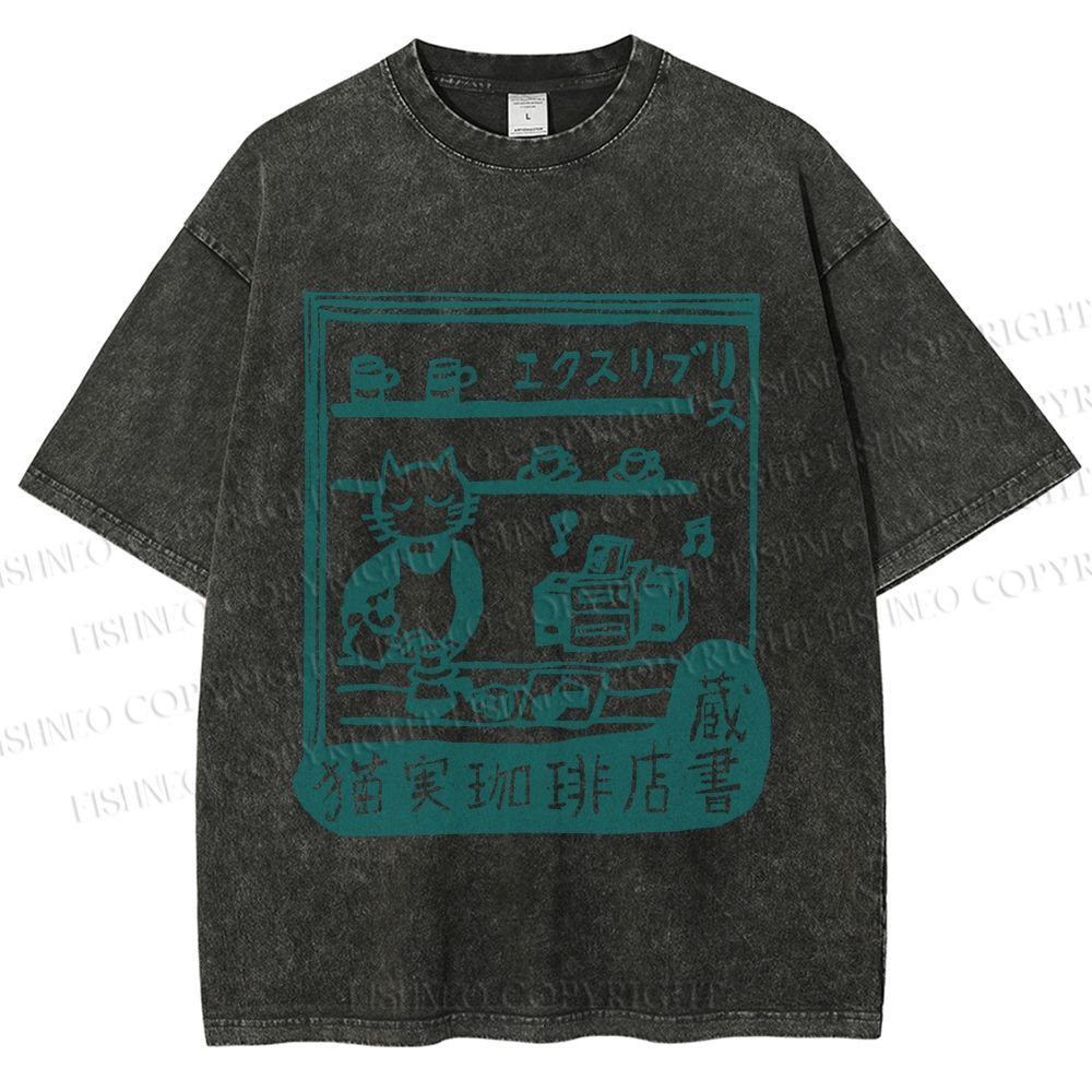 Unisex Vintage Cat‘s Cafe Printed Washed Tee