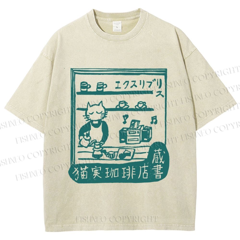 Unisex Vintage Cat‘s Cafe Printed Washed Tee