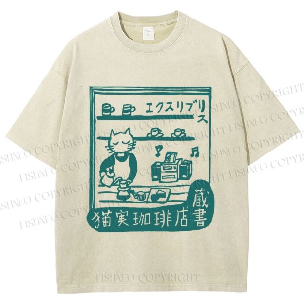 Unisex Vintage Cat‘s Cafe Printed Washed Tee