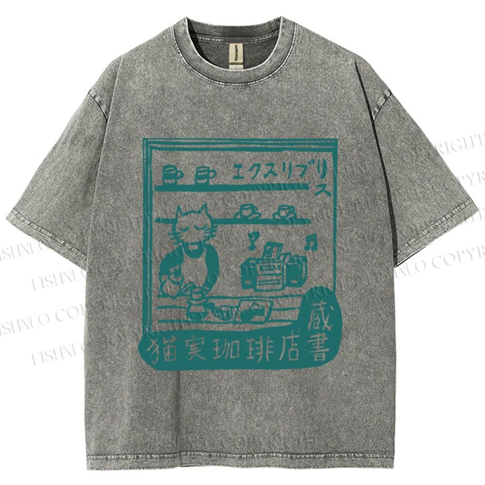 Unisex Vintage Cat‘s Cafe Printed Washed Tee