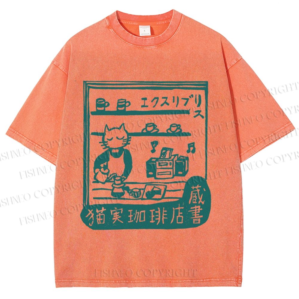 Unisex Vintage Cat‘s Cafe Printed Washed Tee