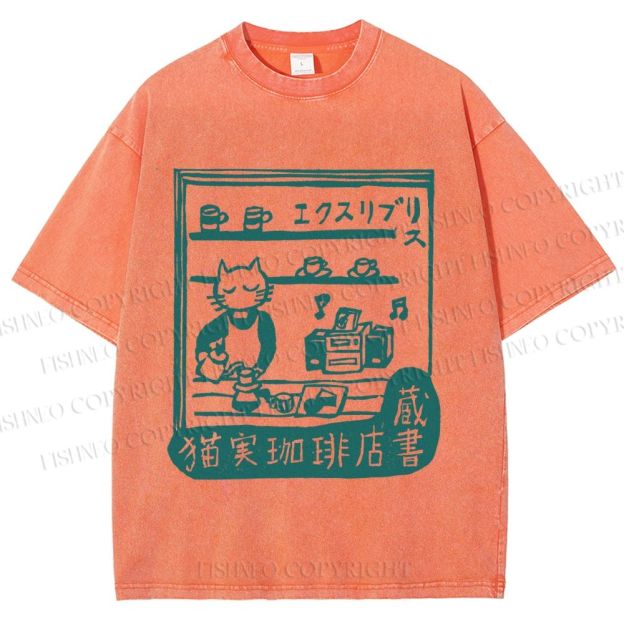 Unisex Vintage Cat‘s Cafe Printed Washed Tee