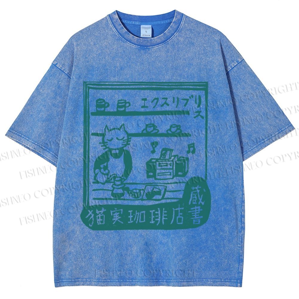 Unisex Vintage Cat‘s Cafe Printed Washed Tee