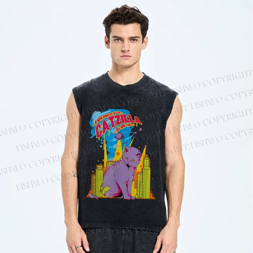 Unisex Cat Godzilla Catzilla Printed Washed Tank Top