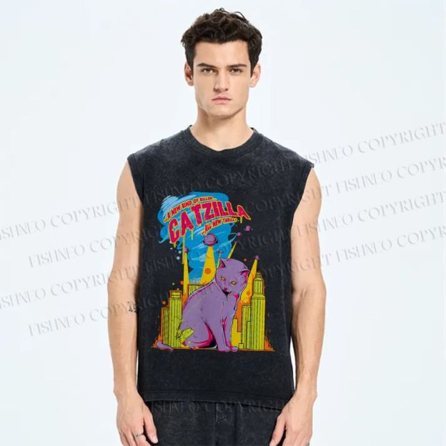 Unisex Cat Godzilla Catzilla Printed Washed Tank Top