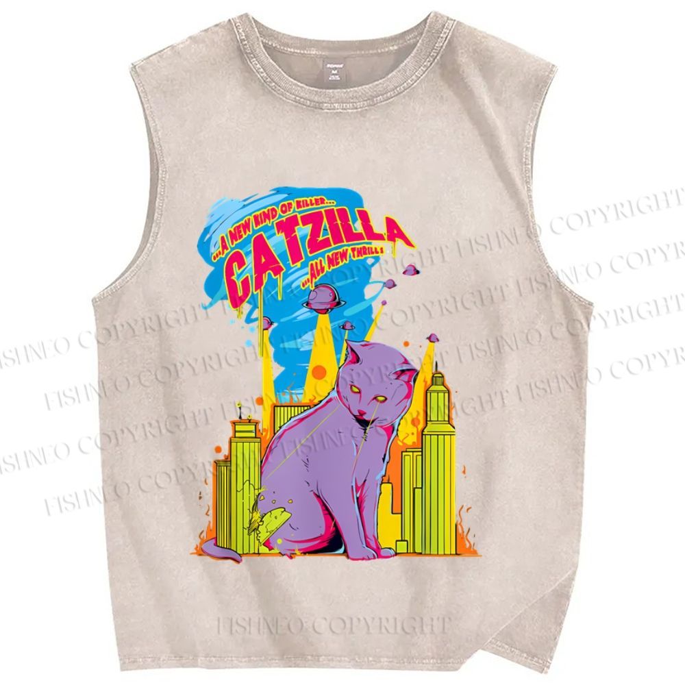 Unisex Cat Godzilla Catzilla Printed Washed Tank Top