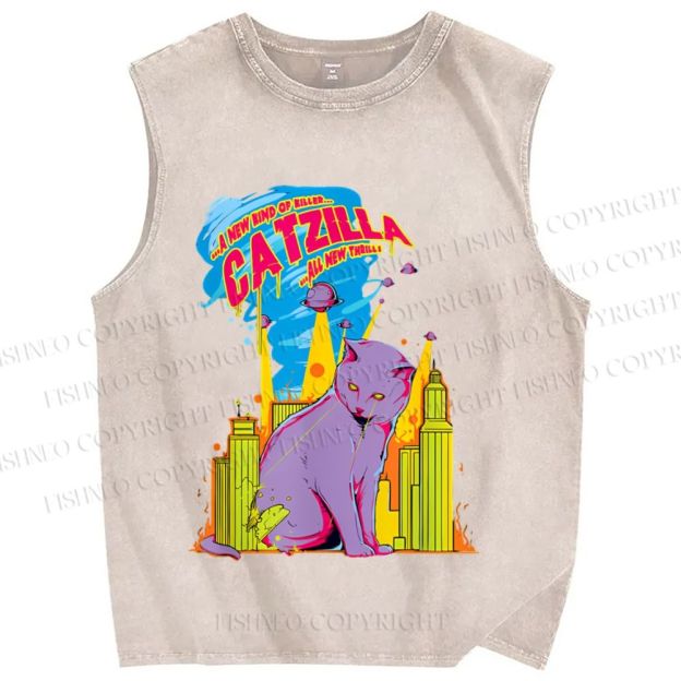 Unisex Cat Godzilla Catzilla Printed Washed Tank Top