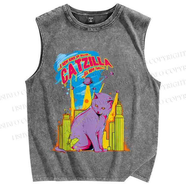 Unisex Cat Godzilla Catzilla Printed Washed Tank Top