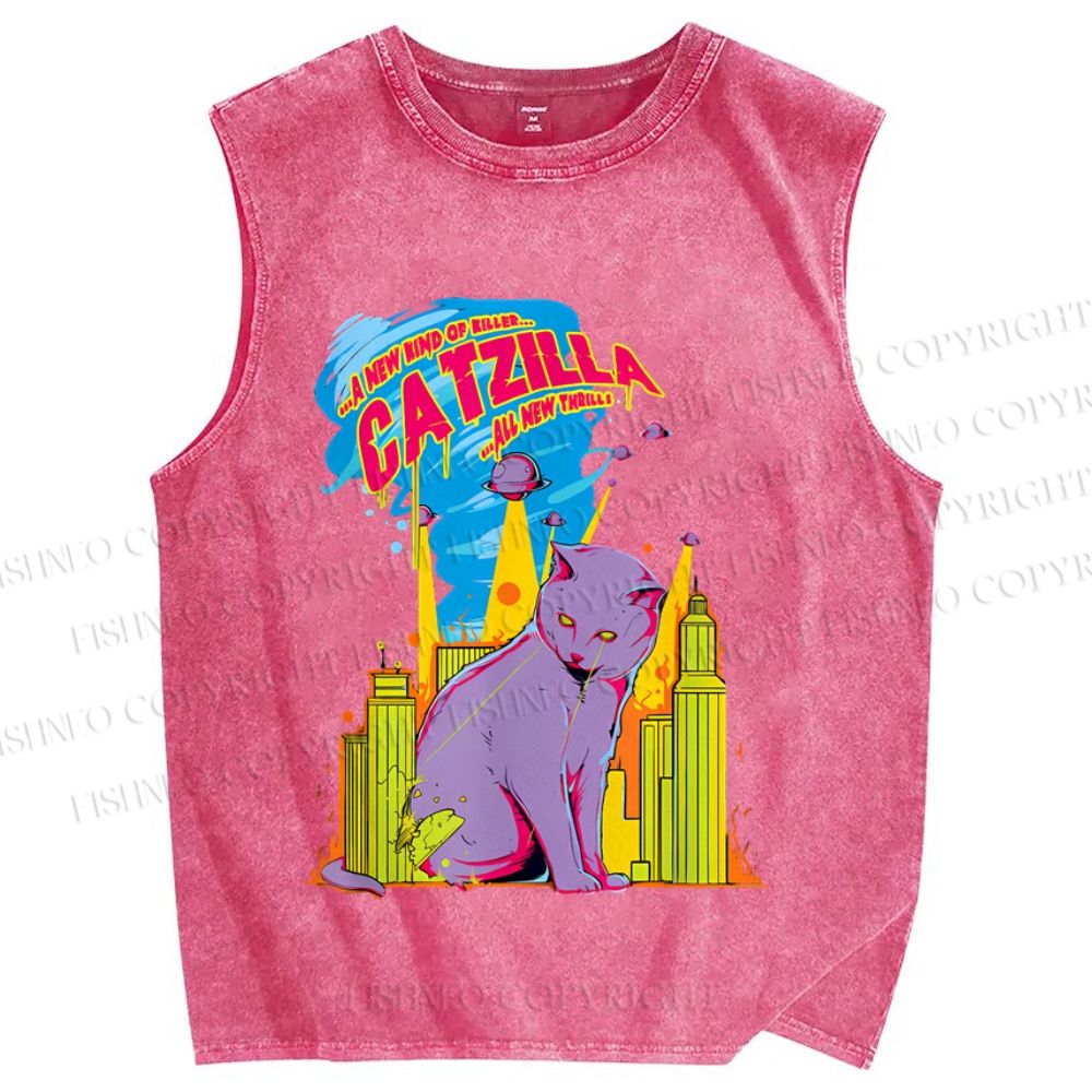 Unisex Cat Godzilla Catzilla Printed Washed Tank Top