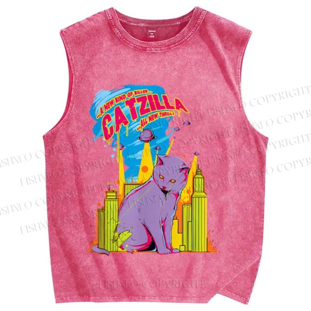 Unisex Cat Godzilla Catzilla Printed Washed Tank Top