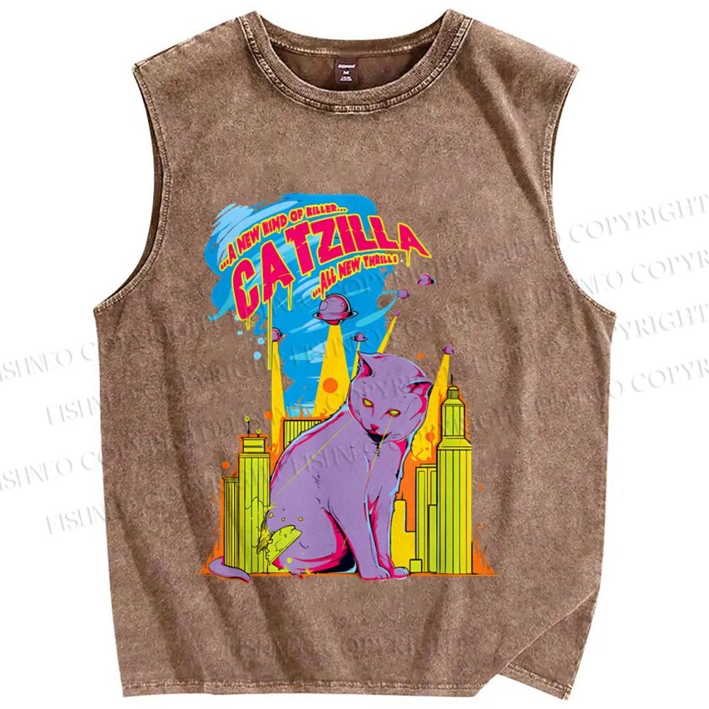 Unisex Cat Godzilla Catzilla Printed Washed Tank Top