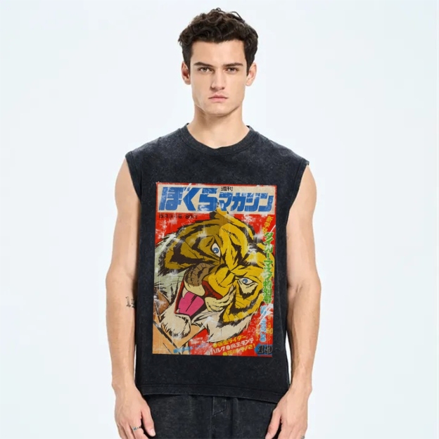 Unisex Retro Tiger Poster Printed Washed Tank Top
