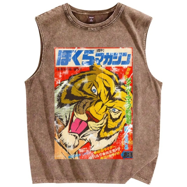 Unisex Retro Tiger Poster Printed Washed Tank Top