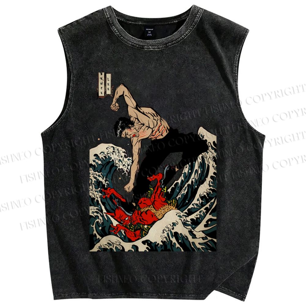 Unisex Bruce Lee In Wave Chinese Kungfu Printed Washed Tank Top