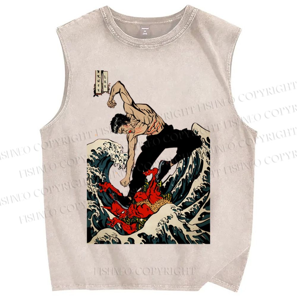 Unisex Bruce Lee In Wave Chinese Kungfu Printed Washed Tank Top