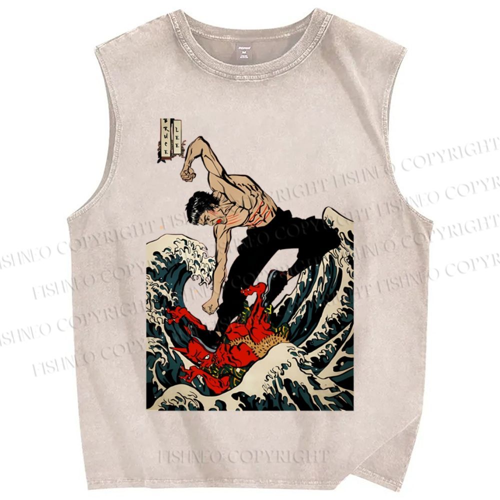 Unisex Bruce Lee In Wave Chinese Kungfu Printed Washed Tank Top