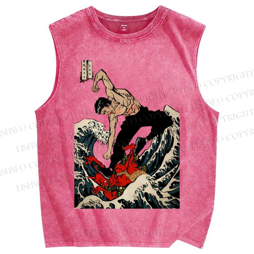 Unisex Bruce Lee In Wave Chinese Kungfu Printed Washed Tank Top