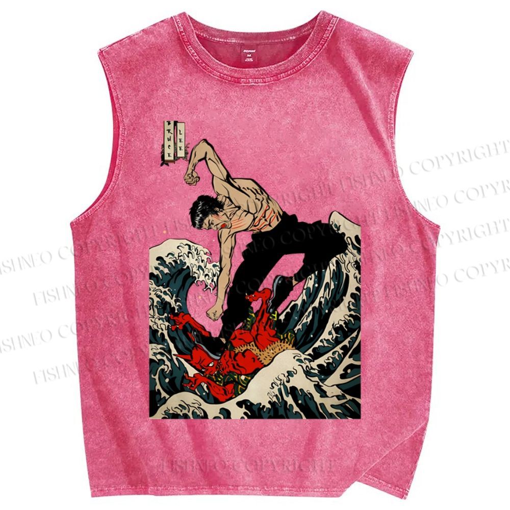 Unisex Bruce Lee In Wave Chinese Kungfu Printed Washed Tank Top