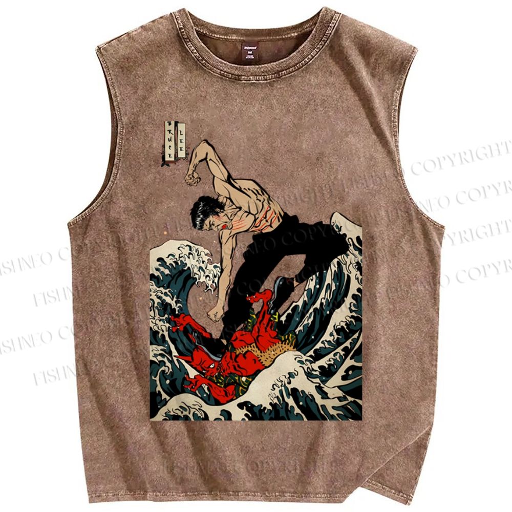 Unisex Bruce Lee In Wave Chinese Kungfu Printed Washed Tank Top