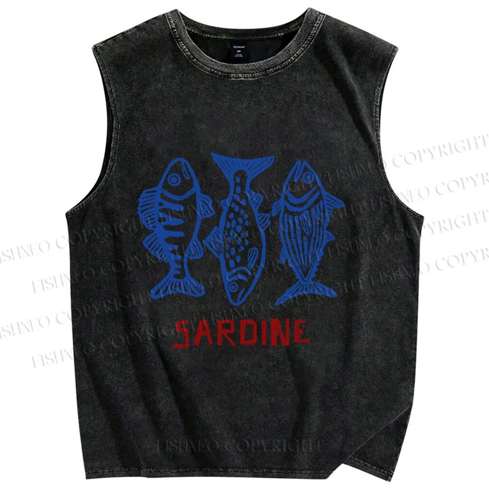 Unisex Vintage Sardine Printed Washed Tank Top