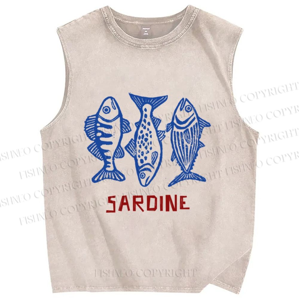 Unisex Vintage Sardine Printed Washed Tank Top
