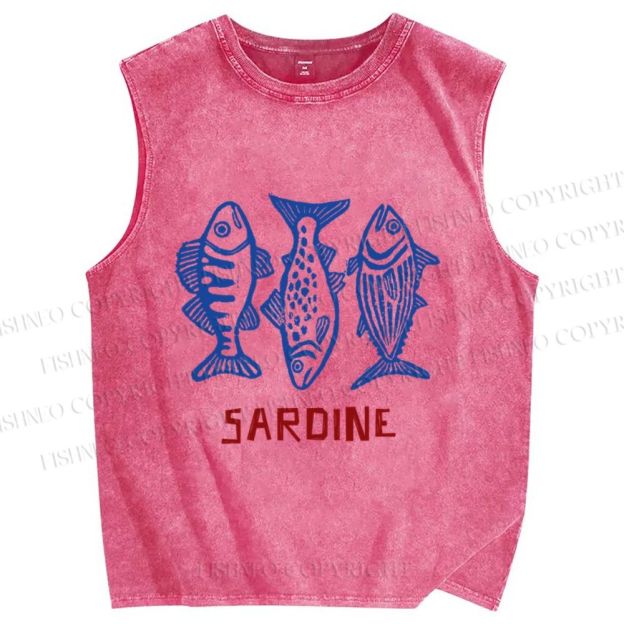 Unisex Vintage Sardine Printed Washed Tank Top