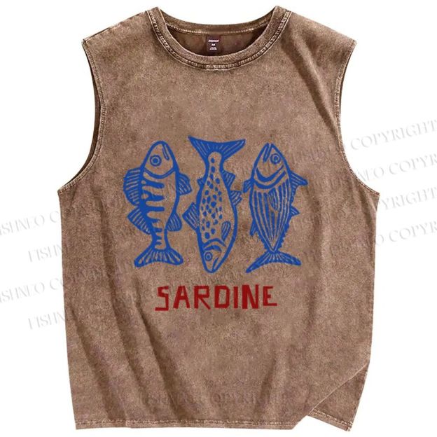 Unisex Vintage Sardine Printed Washed Tank Top