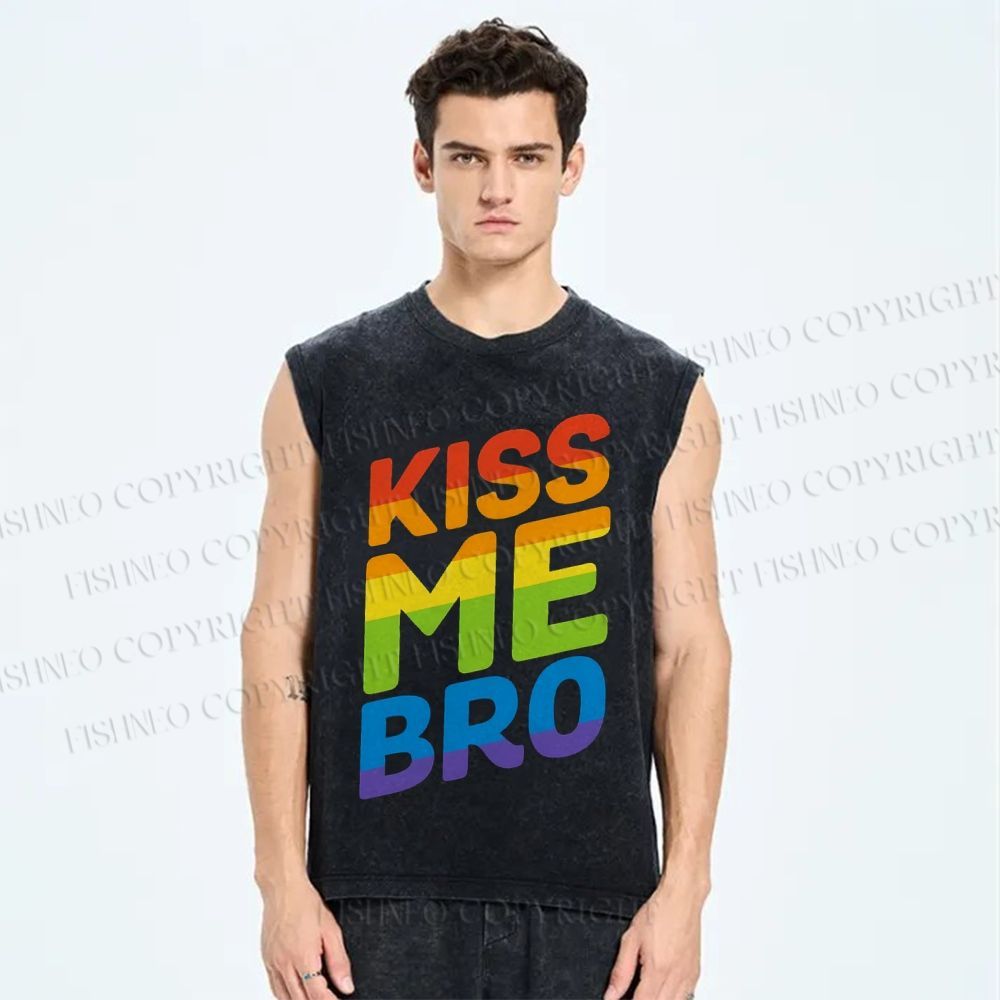 Unisex  Pride Kiss Me Bro Printed Washed Tank Top