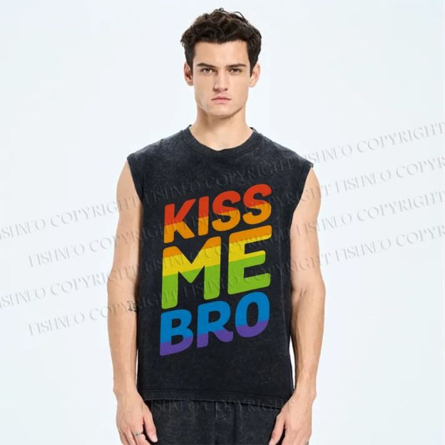 Unisex  Pride Kiss Me Bro Printed Washed Tank Top