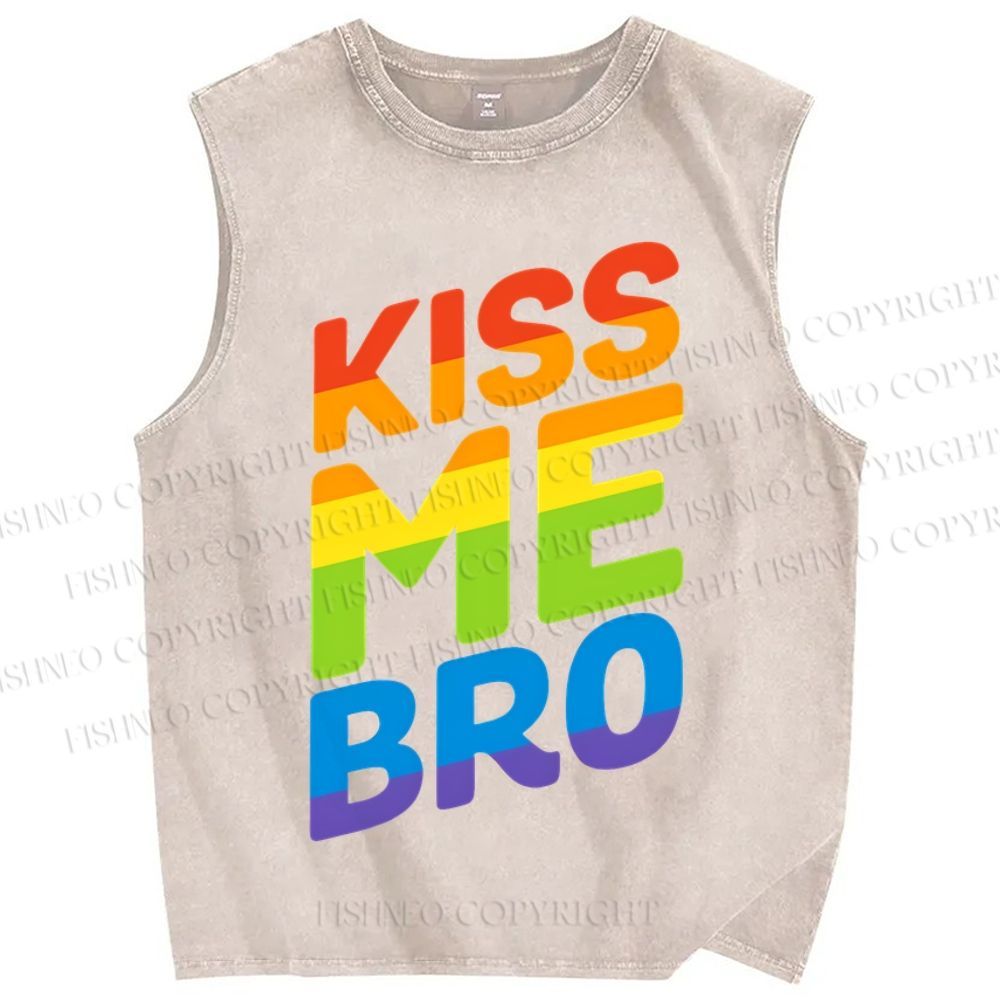 Unisex Pride Kiss Me Bro Printed Washed Tank Top