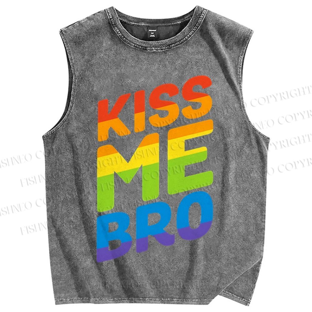 Unisex  Pride Kiss Me Bro Printed Washed Tank Top