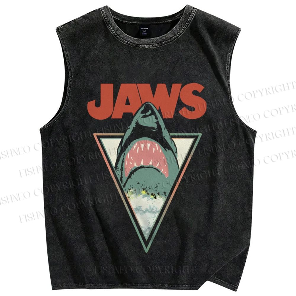 Unisex Shark Jaws Printed Washed Tank Top