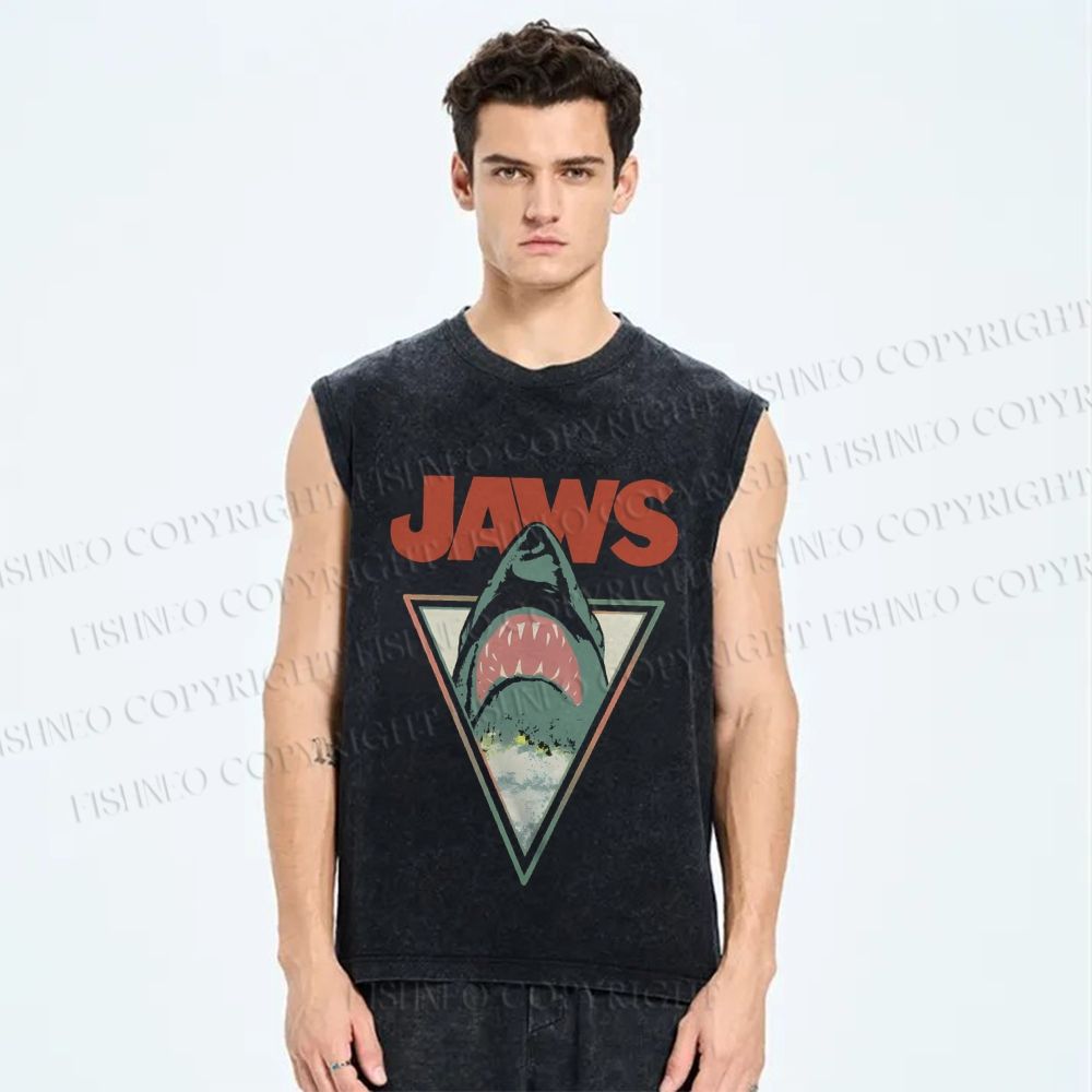 Unisex Shark Jaws Printed Washed Tank Top