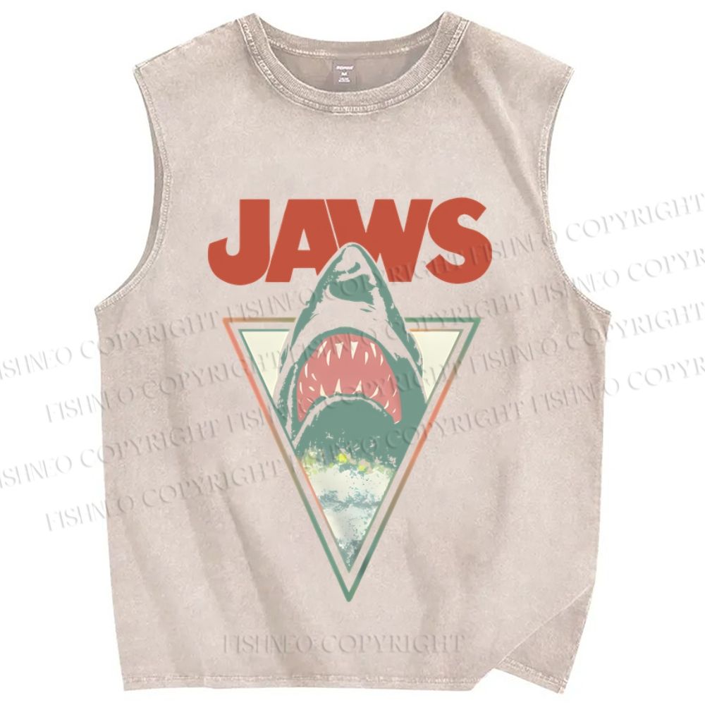 Unisex Shark Jaws Printed Washed Tank Top