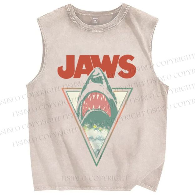 Unisex Shark Jaws Printed Washed Tank Top