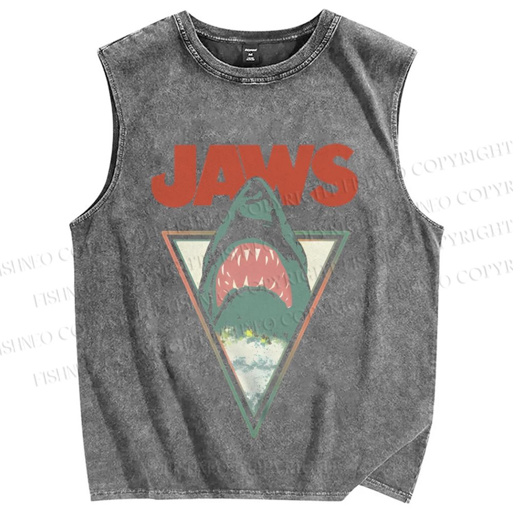 Unisex Shark Jaws Printed Washed Tank Top