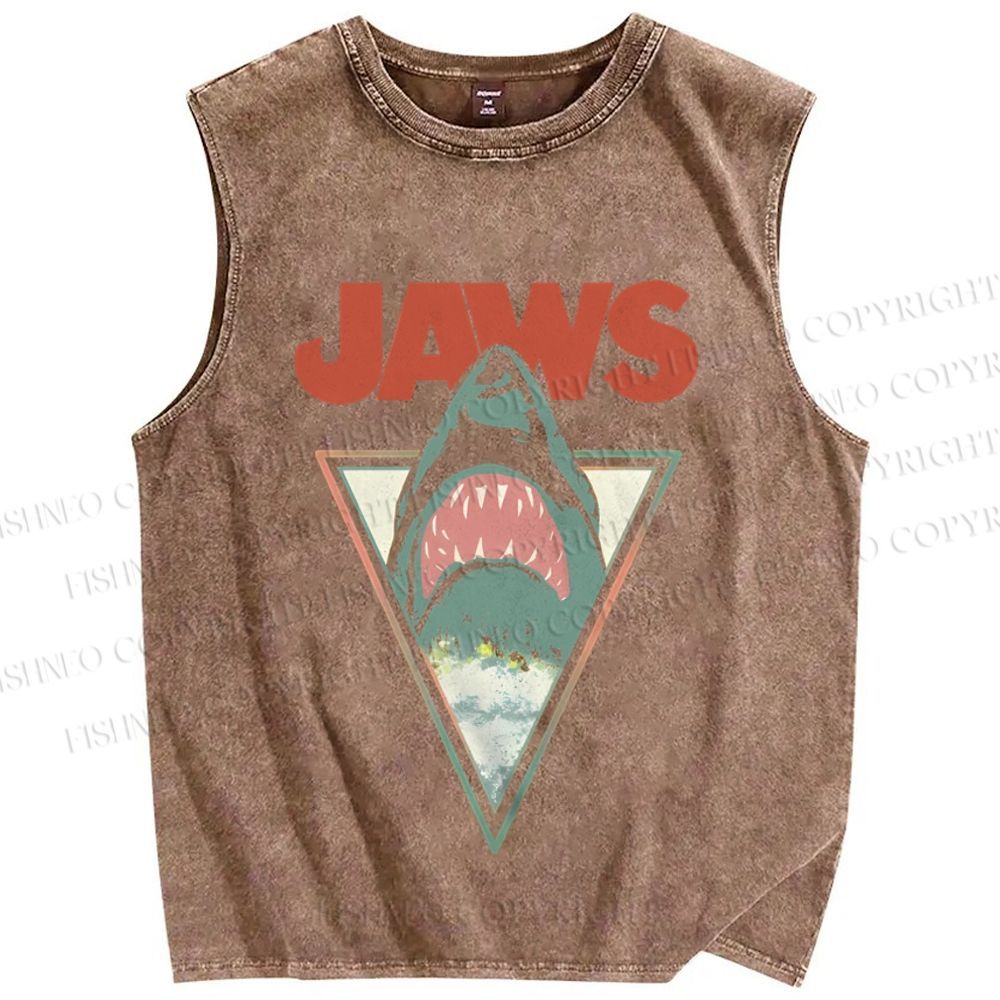 Unisex Shark Jaws Printed Washed Tank Top