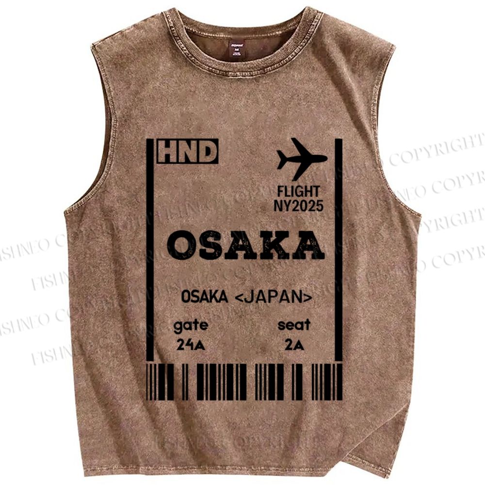 Unisex Osaka Boarding Card Vintage Printed Washed Tank Top