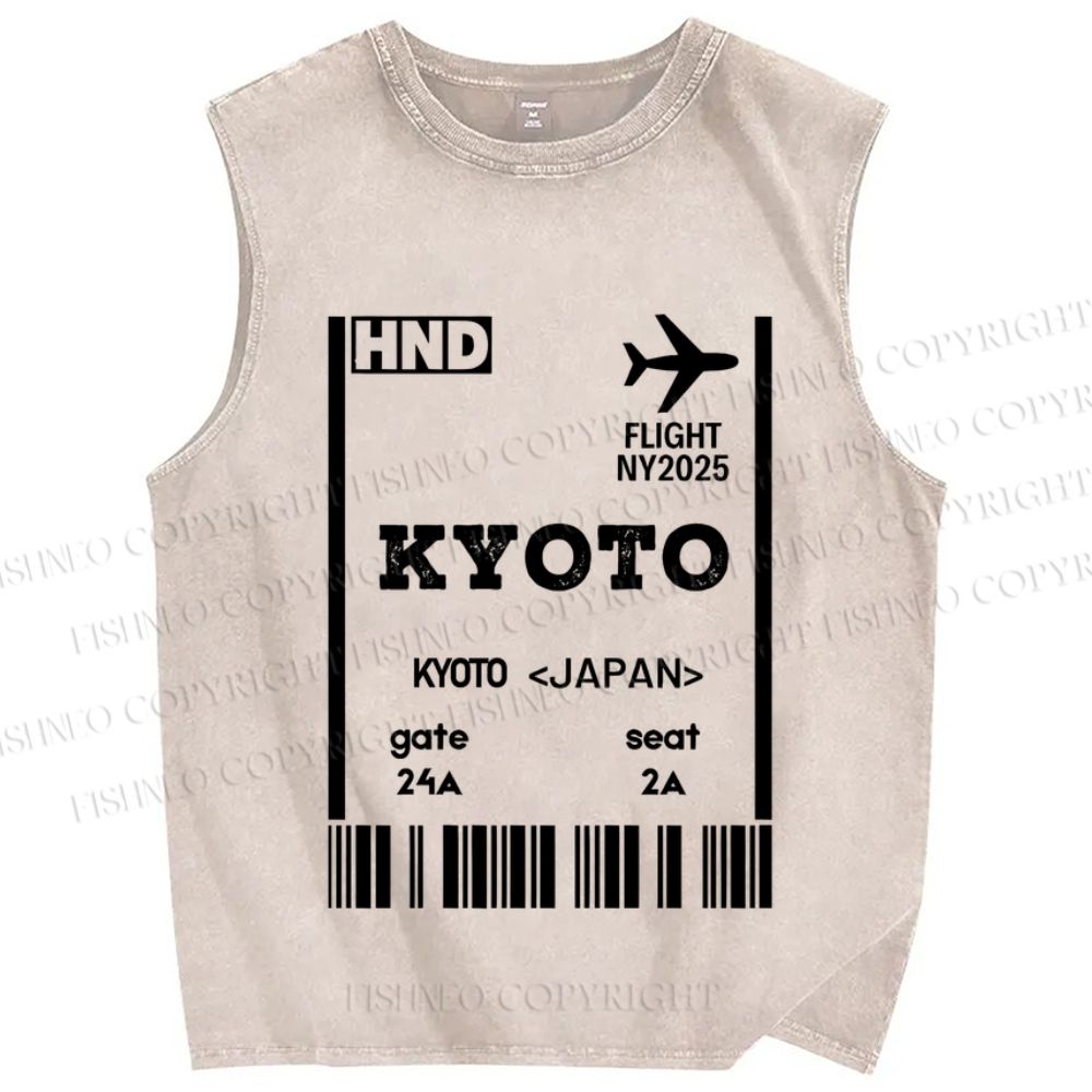 Unisex Kyoto Boarding Card Vintage Printed Washed Tank Top