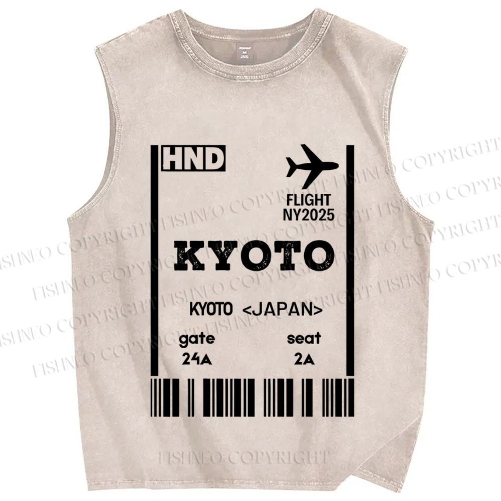 Unisex Kyoto Boarding Card Vintage Printed Washed Tank Top