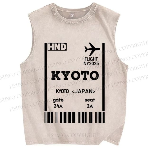 Unisex Kyoto Boarding Card Vintage Printed Washed Tank Top